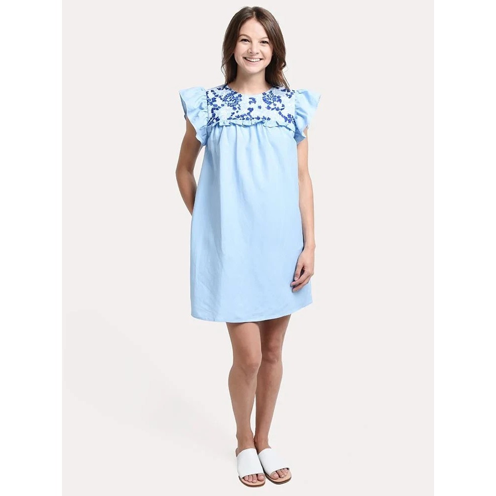 J. MARIE Palmer Blue Embroidered Ruffle Sleeve Dress Linen Blend Size Medium